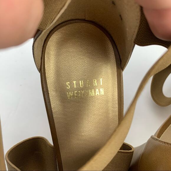 Stuart Weitzman Midexter Stretch Strappy Block Heel Sandals Brown - Picture 7 of 8